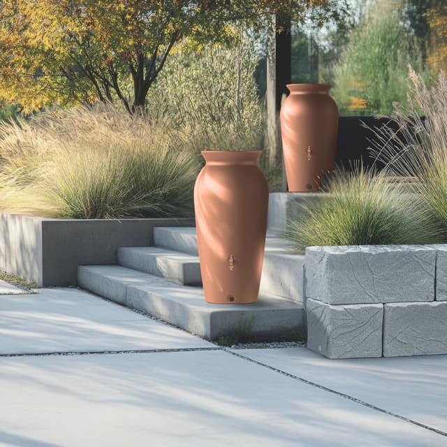 Detalle de YourCasa Regentonne 230 l „DropCatcher“ mit Filterkorb & Wasserhahn, frostsicherer Kunststoff (Terracotta)