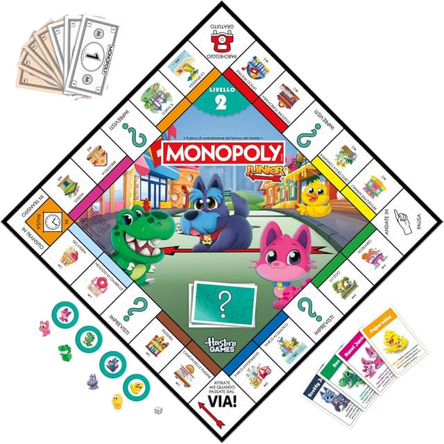 Detalle 2 de Monopoly Junior (edizione 2026) – gioco da tavolo 2 giochi in 1 per bambini dai 4 anni, 2–4 giocatori, versione italiana