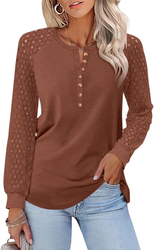 Thumbnail 6 de Minetom Women’s Lace Long Sleeve Henley Tops (Lace Sleeve Button-Down Casual Blouse)