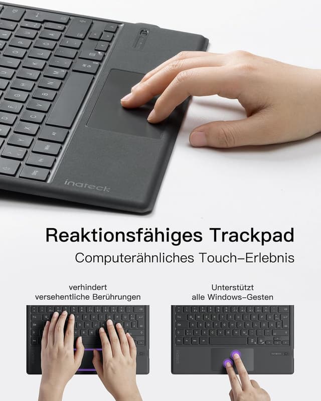 Detalle de Inateck KB02027 Surface Pro 7 Tastatur (QWERTZ) mit Trackpad-Kompatibilität, Bluetooth 5.3 und 7-farbiger Hintergrundbeleuchtung