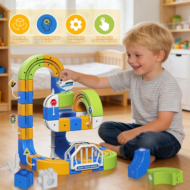 Detalle de Hzitcigm Eisenbahn Elektrisch Cube Track – 225-teiliges Zugset mit 2 Zügen, 80 Schienen und 3D-Strecken für Kinder ab 3–8