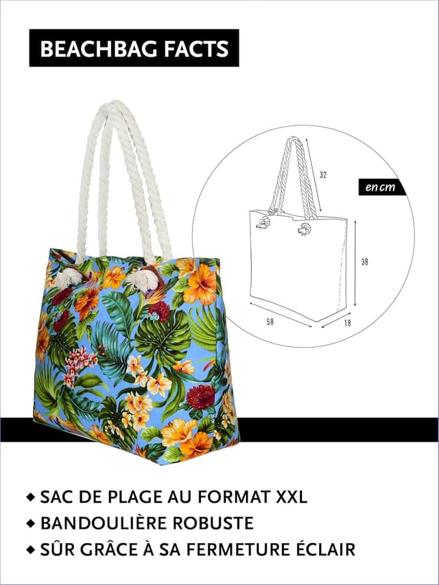 Detalle de DonDon Grand sac de plage imperméable à fermeture éclair et bandoulière (grand format)