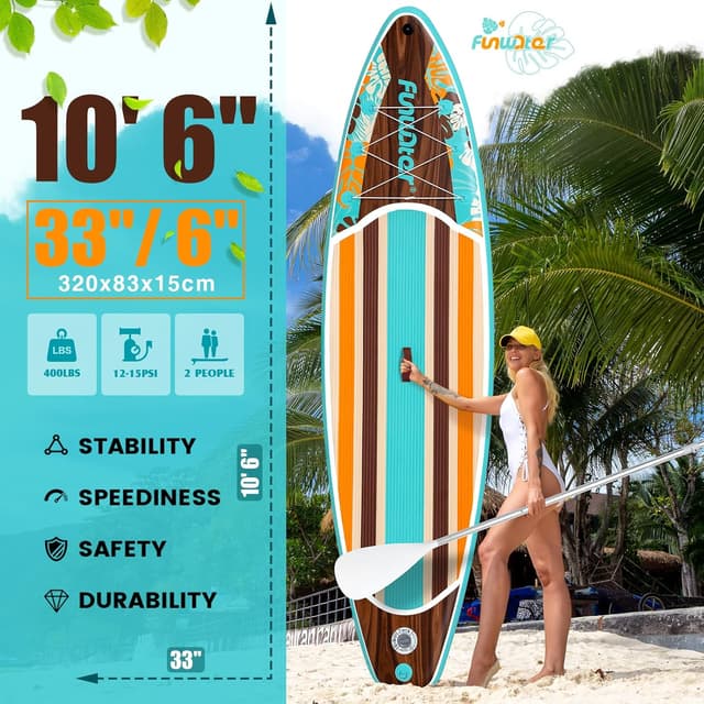 Detalle 2 de FunWater 11' / 10'6" Inflatable Stand Up Paddle Board (with SUP accessories, EVA deck, adjustable paddles)