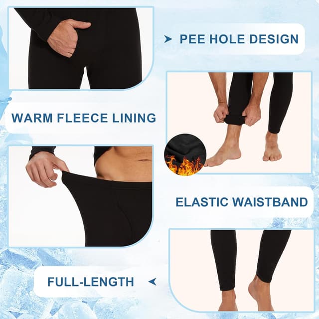 Detalle 2 de HIPOWER men’s thermal underwear long johns with fleece lining (base layer pants) – winter black