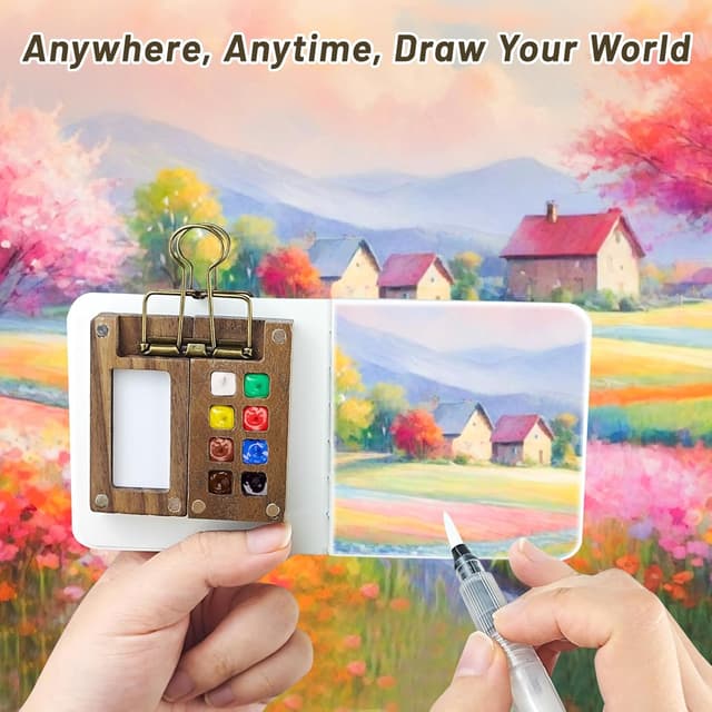Detalle 2 de 5 Pcs Portable Watercolor Palette (8 grids) travel watercolour set with foldable wooden lid and sketchbook