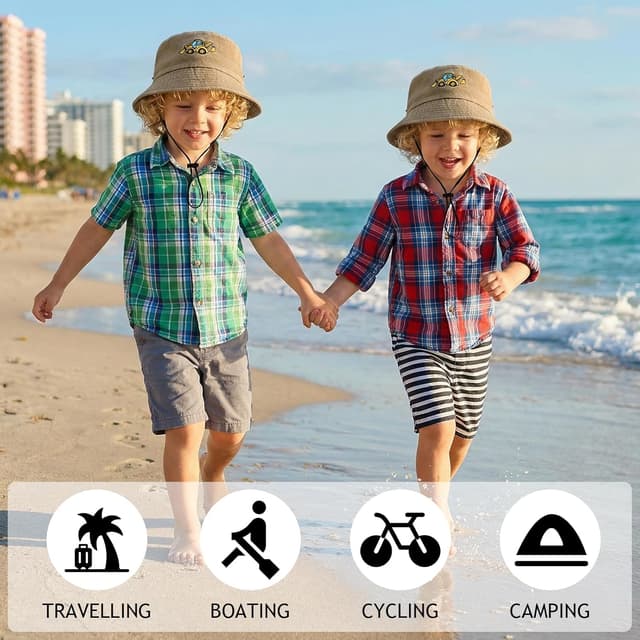 Detalle de ViEinkaufen Kids Bucket Hat with Excavator Design (Beige) – Adjustable Drawstring & Chin Strap Sun Hat for Age 3–8