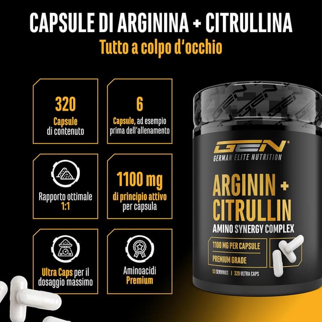 Detalle 2 de L-arginina + L-citrullina Ultra Caps ad alto dosaggio — 320 capsule da 1100 mg