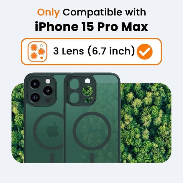 Detalle de BPOASE Magnetic Case for iPhone 15 Pro Max (with tempered glass screen protector) — Ultra Slim Matte Shockproof Dark Green