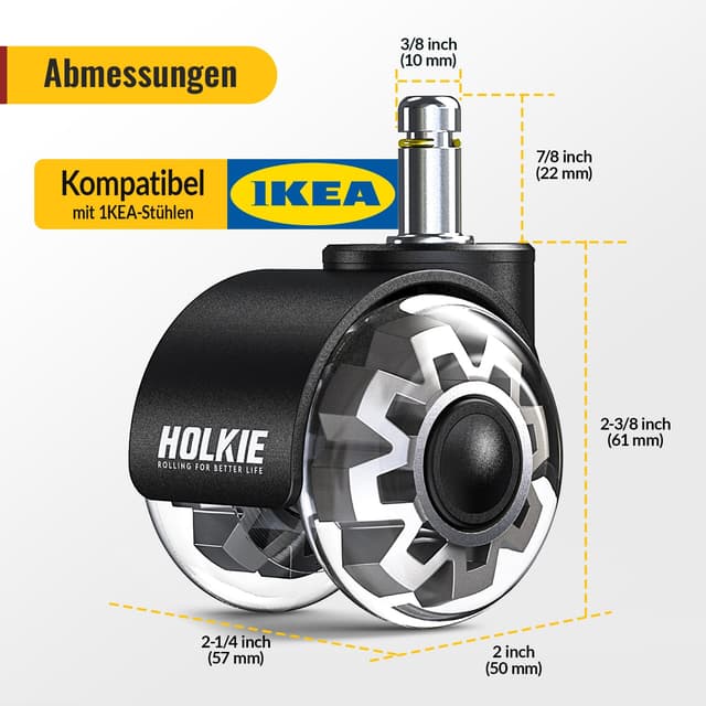Detalle de HOLKIE Bürostuhl Rollen (10 mm Schaft) – 5er Set für harte Böden, leises Gleiten, doppelrädrig