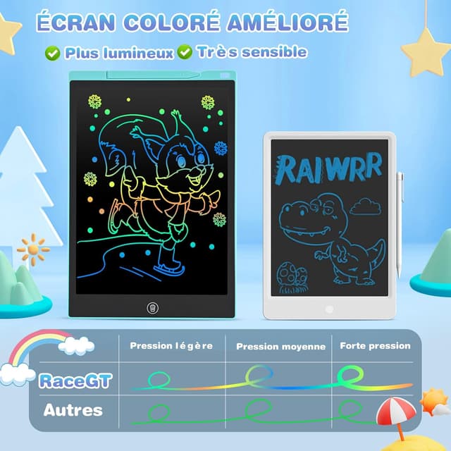 Detalle de Tablette d’écriture LCD enfant 12 pouces RaceGT colorée ardoise magique (lot de 2)