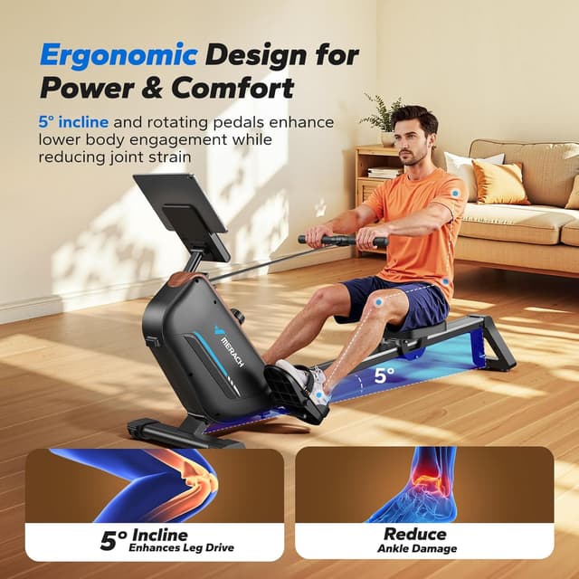 Detalle de MERACH Magnetic Rower with 130 cm extended rail and app-based training