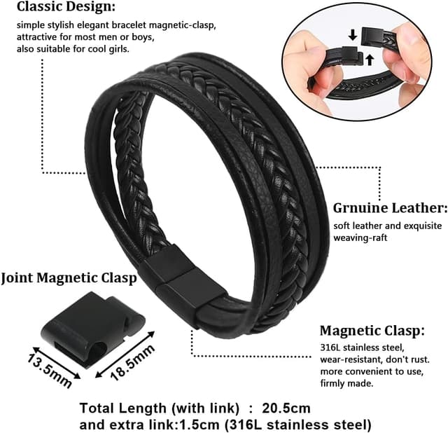Detalle 2 de flintronic Echtleder-Armband für Herren (Schwarz) mit geflochtenem Look und Magnetverschluss