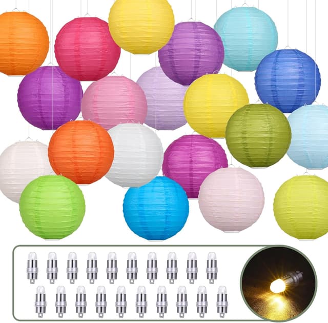 Detalle de Encham 20 bunte Papierlaternen (15 cm) mit 20 warmweißen LED-Lichtern als Portavelas