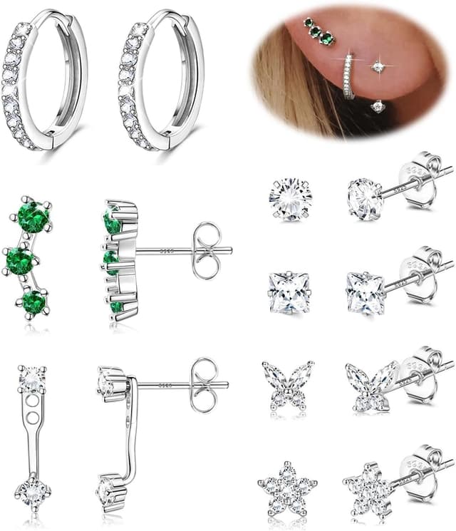 Detalle de Roheafer S925 Sterling Silber Ohrringe-Set mit 14K vergoldeten Ohrsteckern, Opal/CZ & Huggie Creolen (7 Paar)