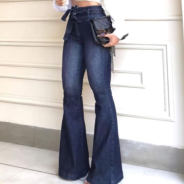 Detalle 2 de KDF High-Waisted Flare Jeans for Women with Removable Belt (Stretch Wide-Leg Bell Bottoms)