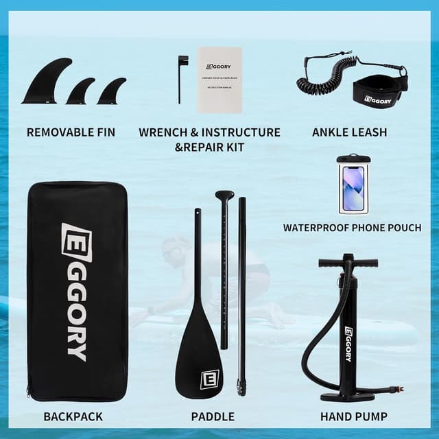 Detalle de EGGORY Inflatable Paddle Board Set (Extra Wide SUP) with Removable Fin, Pump & Waterproof Phone Pouch