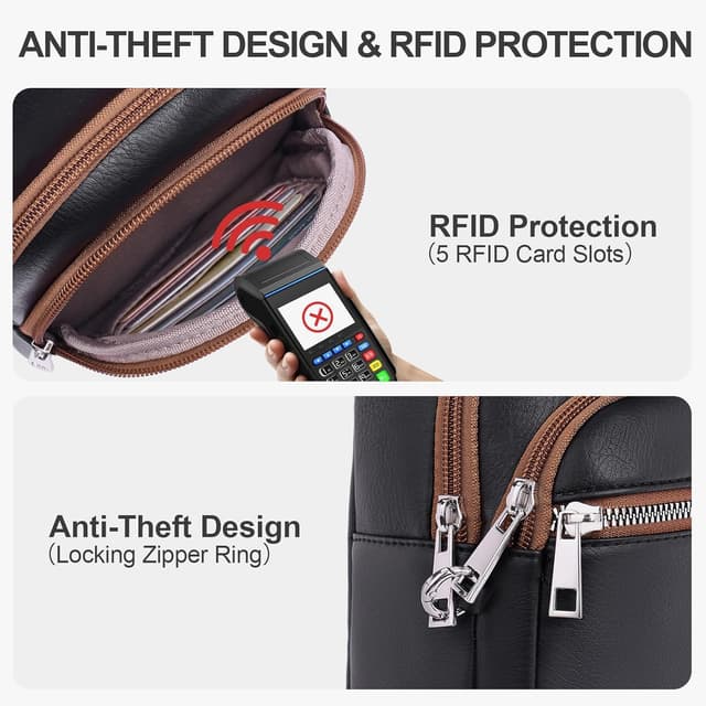 Detalle de Lexiyat anti-theft crossbody sling bag with RFID card slots, lockable zip ring and reversible strap