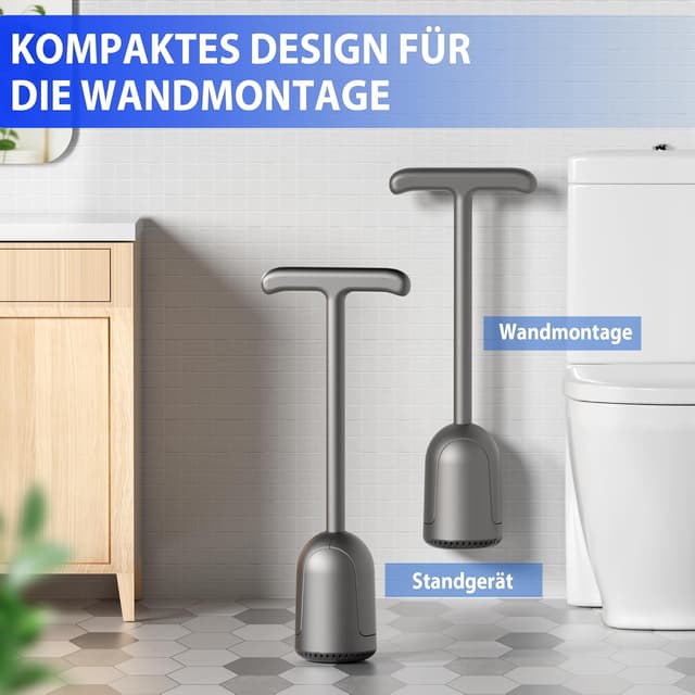 Detalle 2 de Cinola Toiletten-Pömpel mit Halter (wandmontiert, mit verstecktem Halter, Doppelgriff, grau)