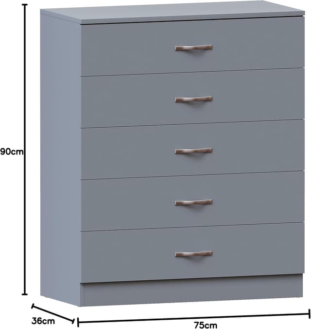 Detalle de Vida Designs Riano 5 Drawer Chest of Drawers in Grey with Metal Handles and Anti-Bowing Support