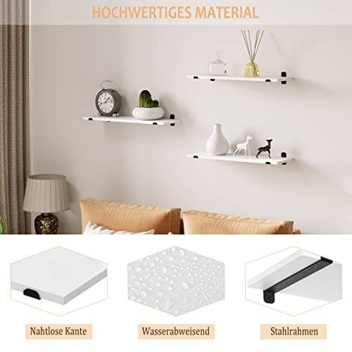 Detalle de EUGAD Estantería de pared con 3 baldas flotantes (juego de 3), MDF blanco, 60x20x7 cm y hasta 15 kg por estante