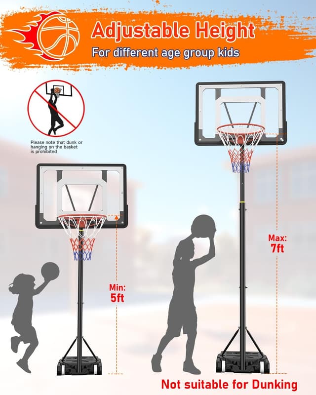 Detalle de Adjustable Basketball Hoop and Stand (5ft–7ft) with 33in Shatterproof Backboard and Stand Wheels