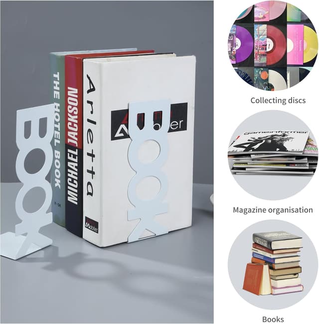 Detalle de BUCOMTU fermalibri per mensole in metallo (2 paia, bianco e nero) con appoggio antiscivolo