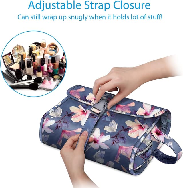 Detalle de Portable Toiletry Travel Wash Bag by FINPAC (Large) – Water-Resistant Hanging Cosmetic Organiser, Blooming Hibiscus