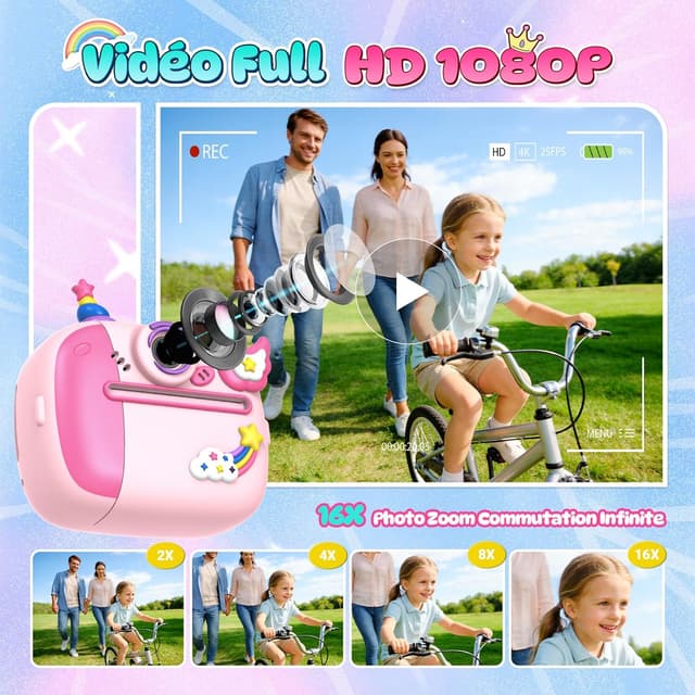 Detalle de Wootoyz Sofortbildkamera Einhorn – Kinderkamera mit Sofortdruck, 32 GB Karte, rosa