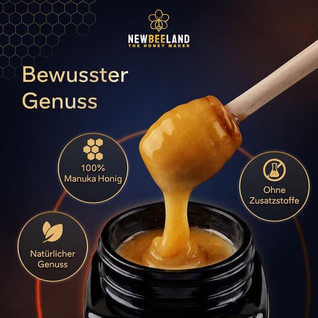 Detalle de NEWBEELAND Manuka Honig MGO 550+ (250 g) – lichtgeschütztes Glas, chargengeprüft