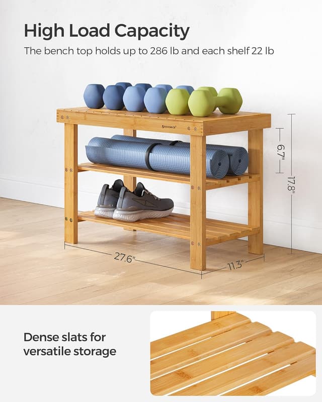 Detalle de SONGMICS Shoe Rack Bench (ULBS04N) 3-Tier Bamboo Storage Organizer Bench for Entryway