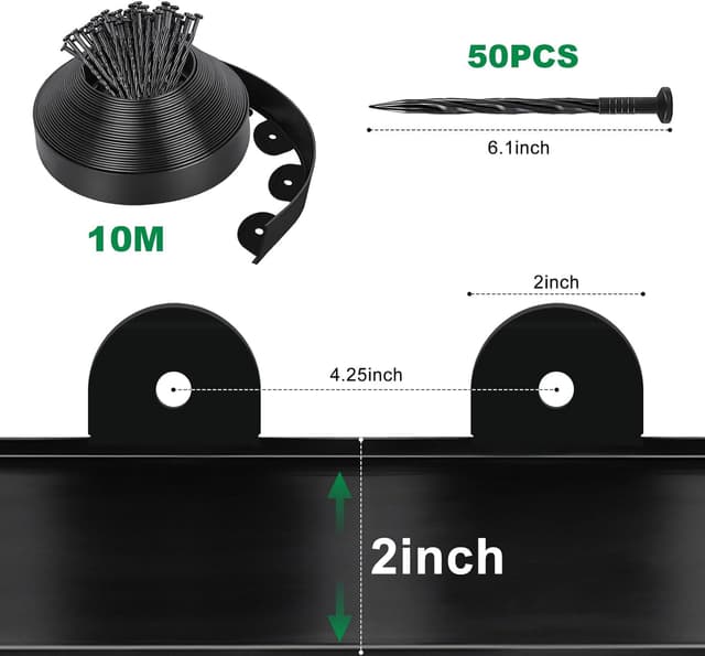 Detalle 2 de Newthinking Rasenkante aus Kunststoff 10 m (5 cm breit) – unsichtbare Rasengrenzen mit 50 Erdnägeln, schwarz
