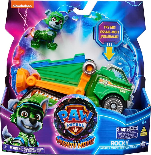 Detalle 2 de Paw Patrol The Mighty Movie Toy Recycling Lorry with Rocky Mighty Pups action figure (lights & sounds)