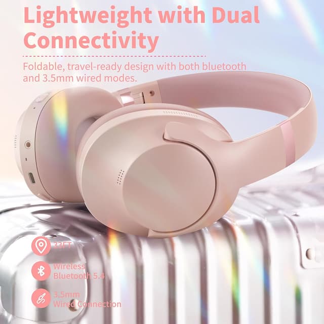 Detalle 2 de Rebocico Active Noise Cancelling Bluetooth Headphones with Mic (100H playtime) – Pink, foldable over-ear