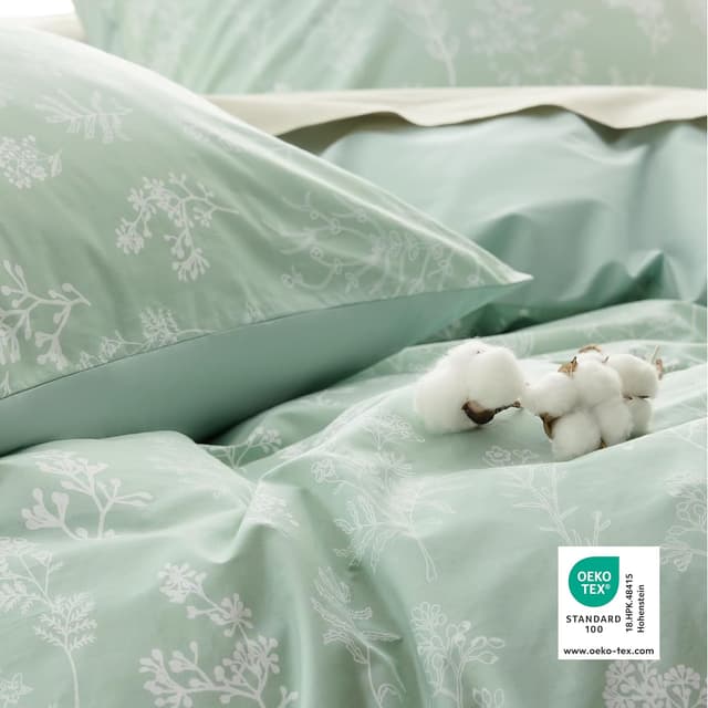 Detalle de BEDSURE Bettwäsche 135x200 (4-teilig) aus Baumwolle, grün mit Pflanzenblumen-Muster, mit Reißverschluss