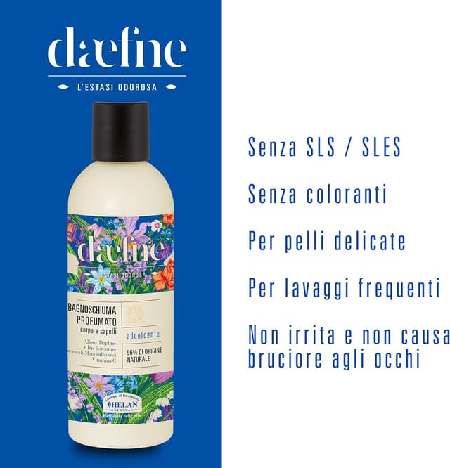Detalle 2 de Helan Daefne Shampoo e Bagnoschiuma Uomo e Donna addolcente con Vitamina C, Mandorle Dolci, Iris e Alloro