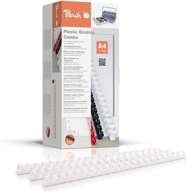 Detalle de Peach Plastikbinderücken A4, 14 mm (PB414-01) – 100 weiße Rücken für bis zu 125 Blatt