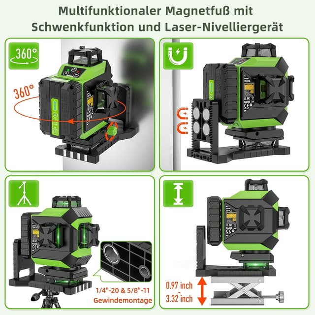 Detalle 1 de Huepar 704CG 4x360 Kreuzlinienlaser (grün) – selbstnivellierend mit 16 Linien und Akku (USB-C)