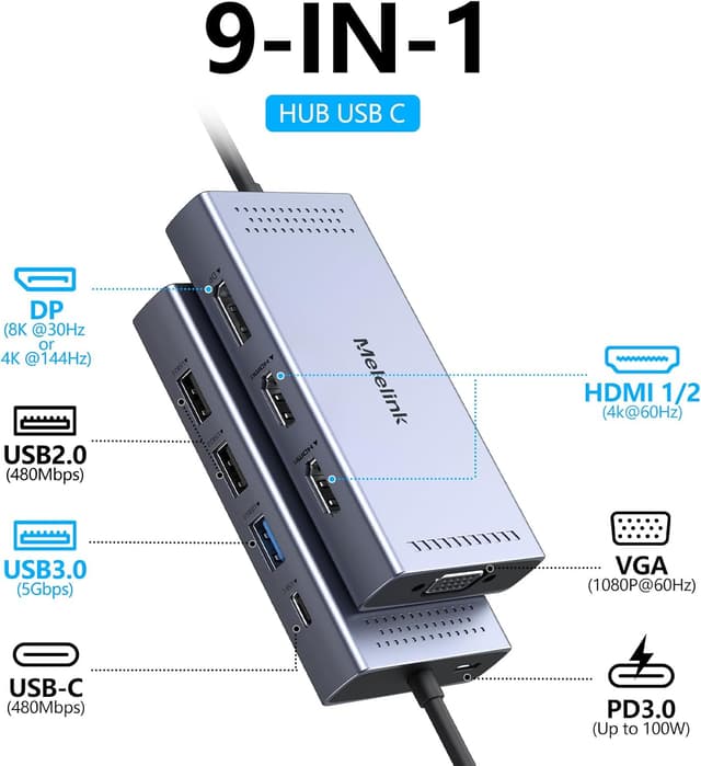 Detalle de Dock USB C double moniteur 9 en 1 : station d’accueil USB‑C avec double affichage HDMI + DisplayPort, VGA et recharge 100 W