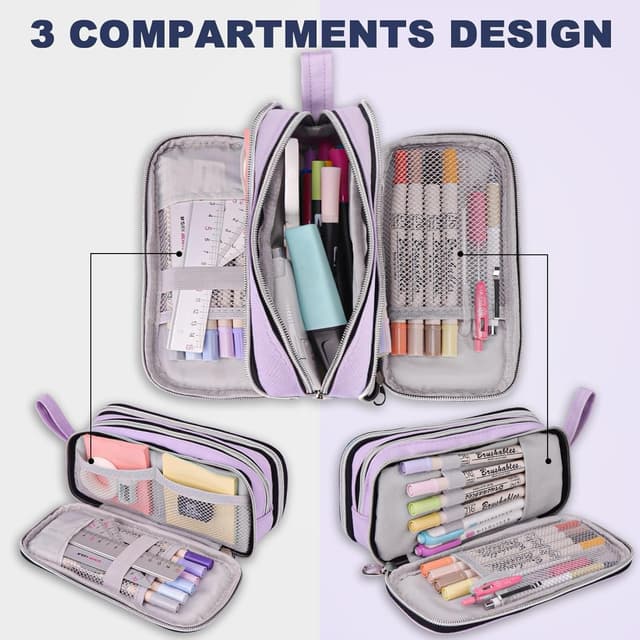 Detalle de COLOCASTLE Federmäppchen Mäppchen groß mit 3 Fächern (lila) – Platz für Stifte & Ordnung