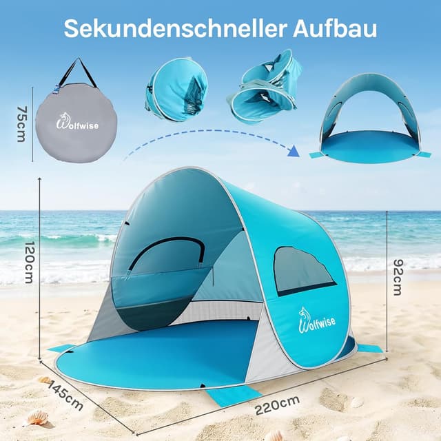 Detalle de WolfWise Pop-Up Strandmuschel für 3–4 Personen (Sofortaufbau) mit UV-Schutz 50+