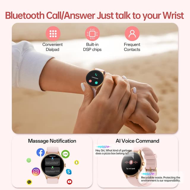 Detalle 2 de Women’s Smart Watch with AI Voice & Bluetooth Calls, 1.27” HD Fitness Tracker (Pink) — IP68, 110+ Sports Modes
