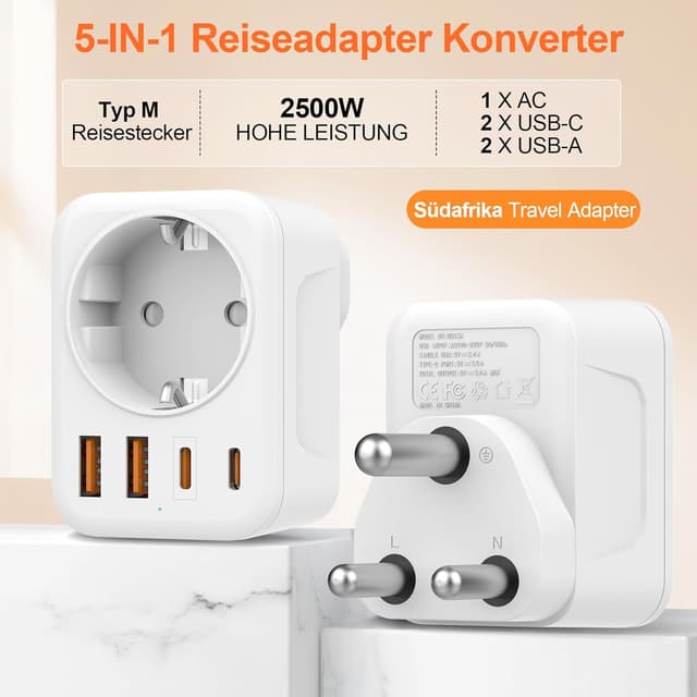Detalle 2 de Denlane 5‑in‑1 Reiseadapter Südafrika mit USB‑C & USB‑A 🪫