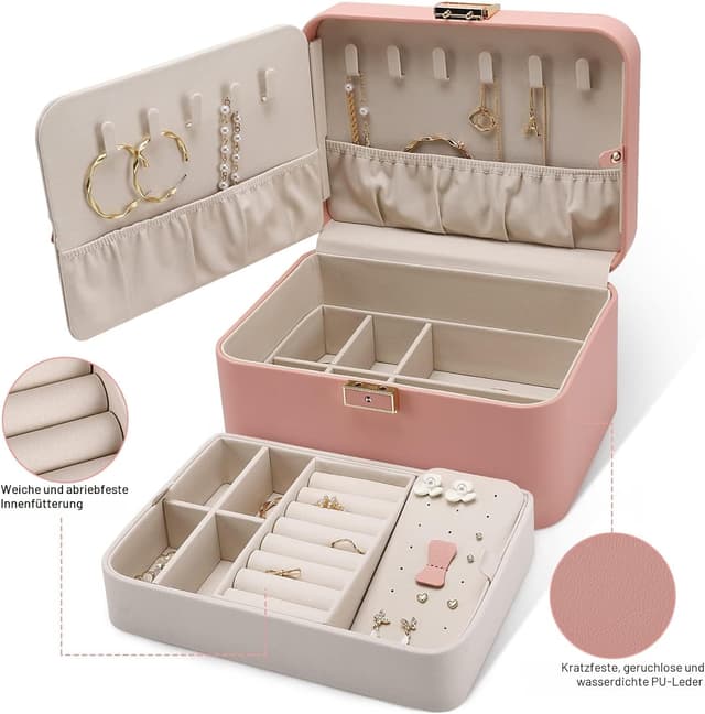 Detalle de KAMIER Schmuckkästchen rosa mit Spiegel 10 Haken