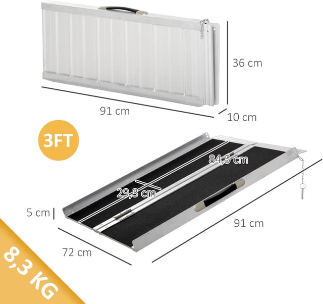 Detalle de HOMCOM Rampe de fauteuil roulant pliable en aluminium, antidérapante, bordures de sécurité (jusqu’à 270 kg) noir