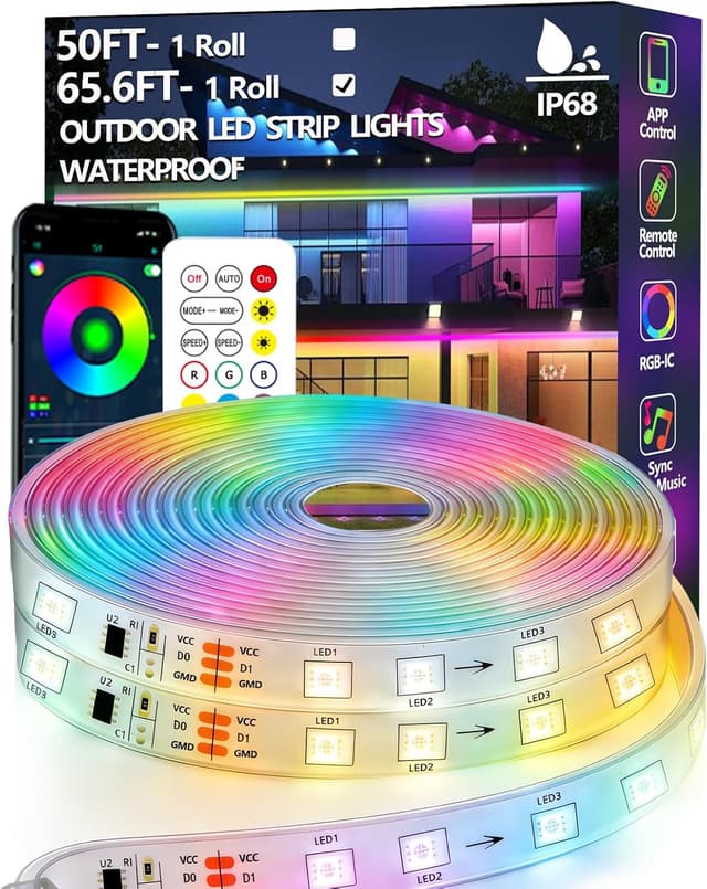 Detalle de 20 m RGB+IC LED-Streifen für den Außenbereich (IP68), App- & RF-Steuerung, Bluetooth Musik Sync