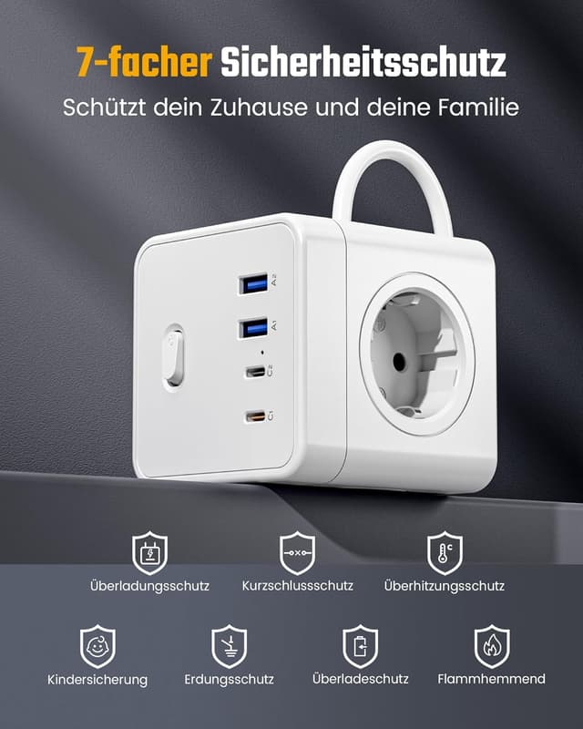 Detalle 2 de RIXGLEAM Steckdosenwürfel mit USB 8-in-1 (2× USB‑C bis 20 W, 4× Schuko, 1,5 m) weiß