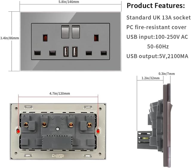 Detalle de CNBINGO 13 Amp double socket with USB ports