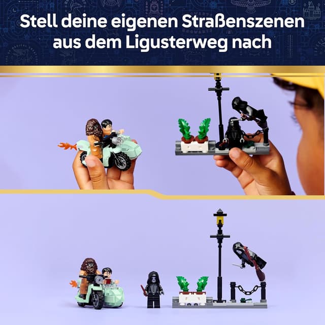 Detalle de LEGO Harry Potter 76459 „Hagrids und Harrys Flucht aus dem Ligusterweg“ – Motorrad-Spielzeug mit 4 Minifiguren