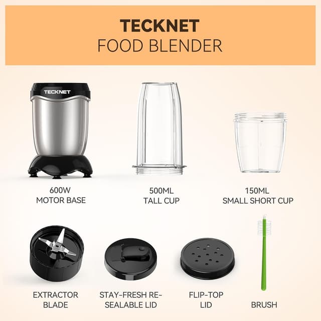 Thumbnail 6 de TECKNET 600W Powerful Personal Blender Smoothie Maker with 500ml portable cups and 150ml grinding cup