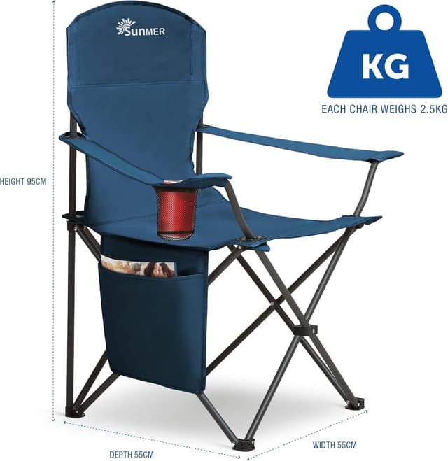 Detalle de SUNMER Folding Camping Chair (Extra Wide) with Armrests, Cup Holder & Magazine Pocket — Blue, 2.5KG, 120kg capacity